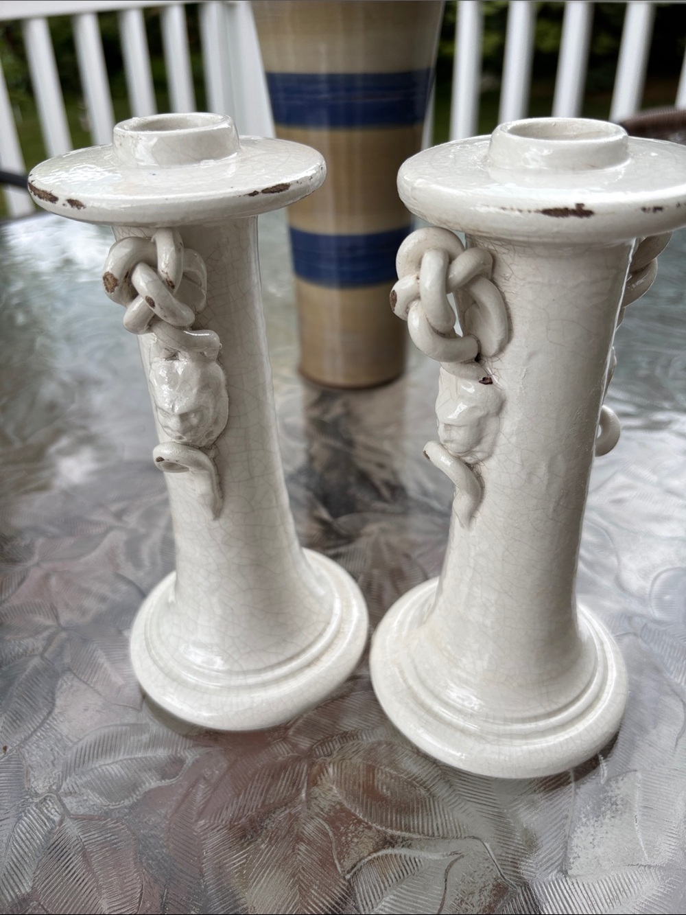 White Ceramic Decorative Candlestick Pair with Lion’s Head Made in Italy